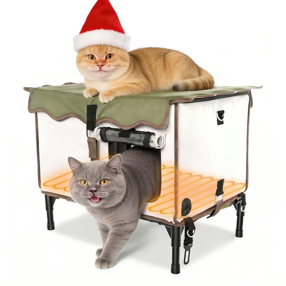 BNZ Indestructible Heated Cat House for Outside Winter, Weatherproof, Safe Escape Door, Insulated Outdoor Cat Shelter with Heater for Feral Barn Cat