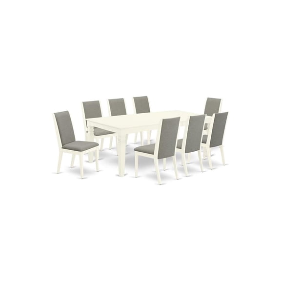 HomeStock 9 Piece Dining Room Furniture Set Includes A Rectangle Wooden Table with Leaf and 8 Shitake Linen Fabric Parson Chairs, 42X84 Inch, Linen White