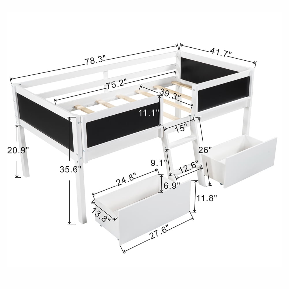 Kadyn Twin Size Low Loft Bed with Two Drawers,with Decorative Guardrail Chalkboard,White