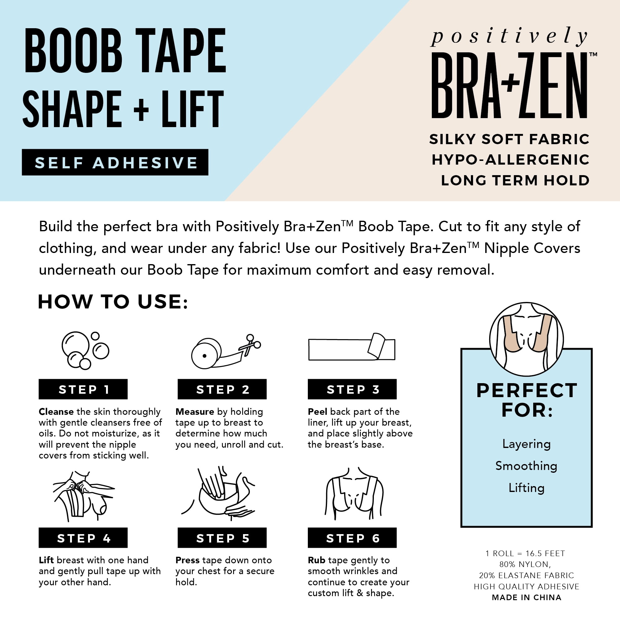 Positively BRA+ZEN 2" Wide Self Adhesive Stretch Fabric Body Tape for Breast of All Cup Sizes