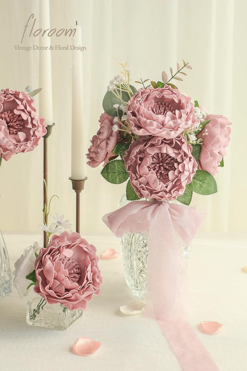 Artificial Flowers 16pcs 4" Burgundy Blooming Peonies Real Looking Foam Fake Roses with Stems for DIY Wedding Bouquet Dark Red Bridal Shower Centerpieces Floral Arrangements Tables Decorations