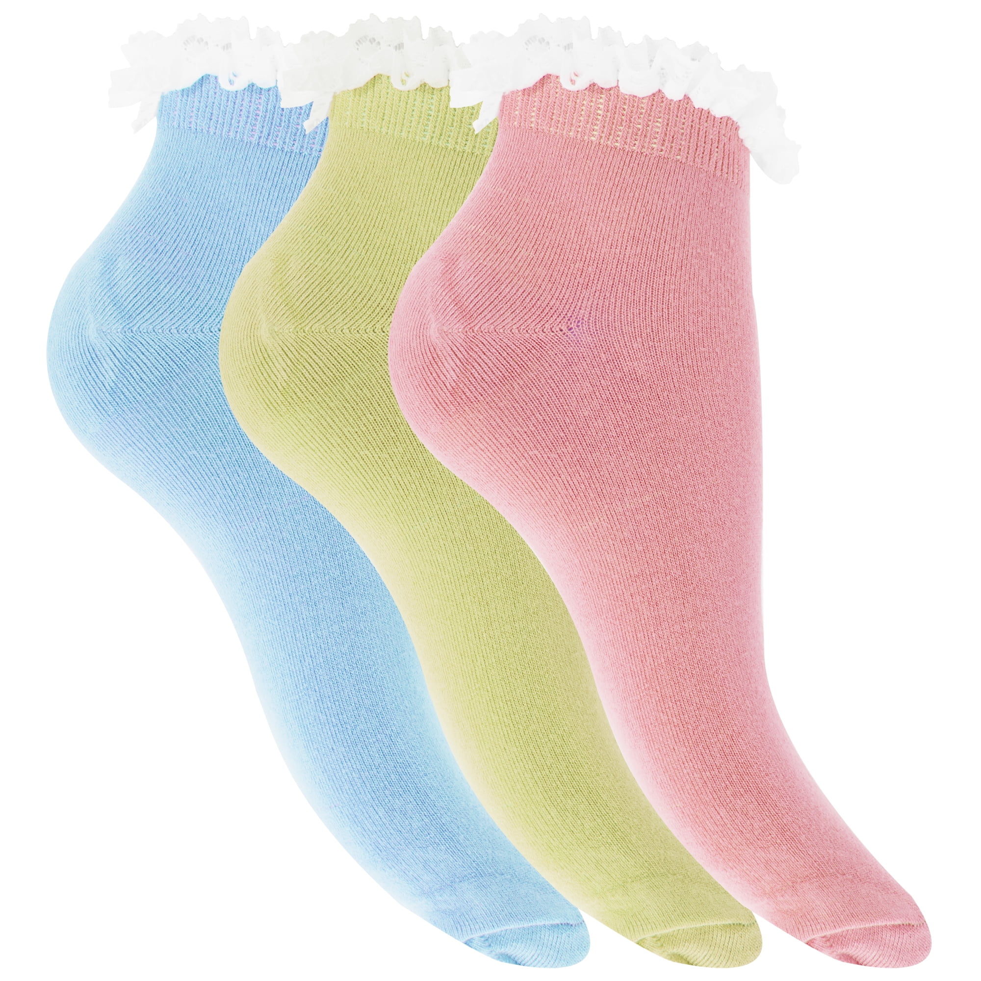 Ladies/Womens Cotton Rich Plain Trainer Socks With Frill Trim /3 Pack W297 