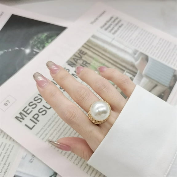 Pearl Ring for Women, Gold Vintage Cubic Zirconia Pearl Ring Adjustable Open Pearl Ring Jewelry Gifts for Women Everyday Wear