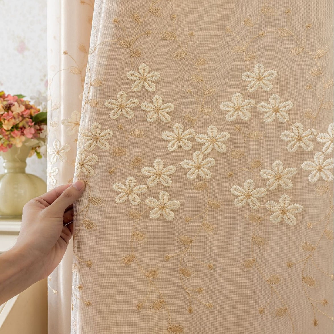 Sunyuer 2 Panels Luxury Embroidery Double Layer Blackout Curtains for Living Room Bedroom European Floral Darkening Curtains Beige 2 Layers Curtains with Lace Valance Grommet