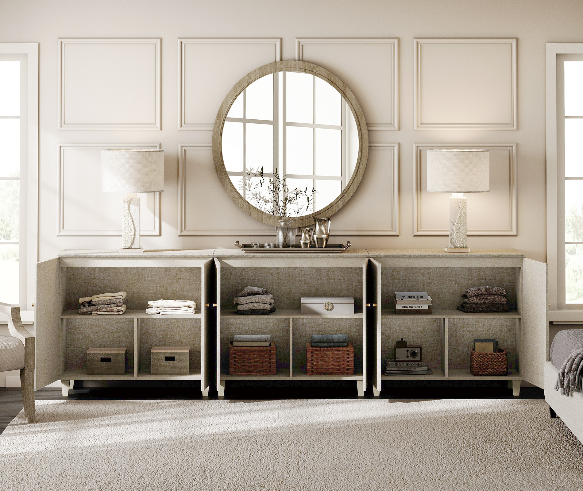 WAMPAT TV Stand Cabinets for 100+ Inch Flat Screen, 3-in-1 Modern Highboy Wooden Entertainment Center with 9 Compartments, Dark Beige