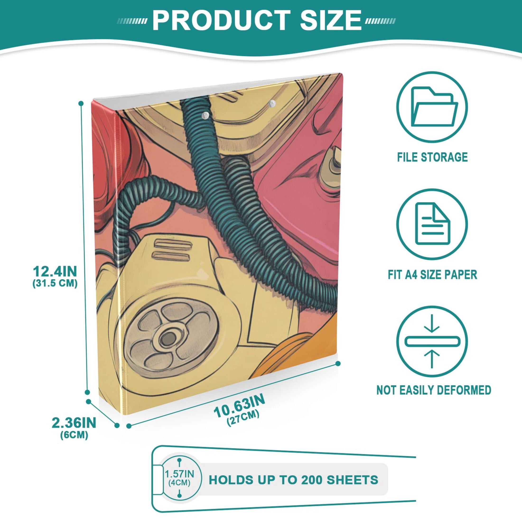 Cartoon Landlines 3 Ring Binders 1.5 inch Hardcover File Folders with Interior Pockets A4 Size Organizer for School Office Hospital