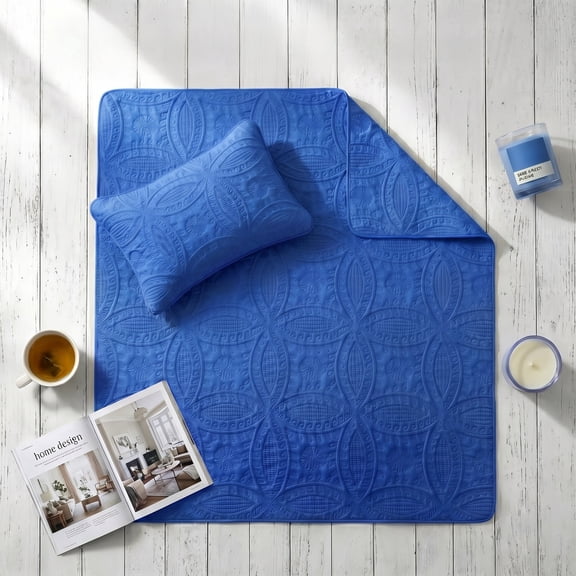2/3pcs Ultrasonic Embossed Bed Bedspread Set 1 Quilt 1/2 Pillowcases Vintage Coin Floral Bedspread Soft Breathable Non-slip Microfiber Quilt Set Vintage(Dark Blue,Twin)
