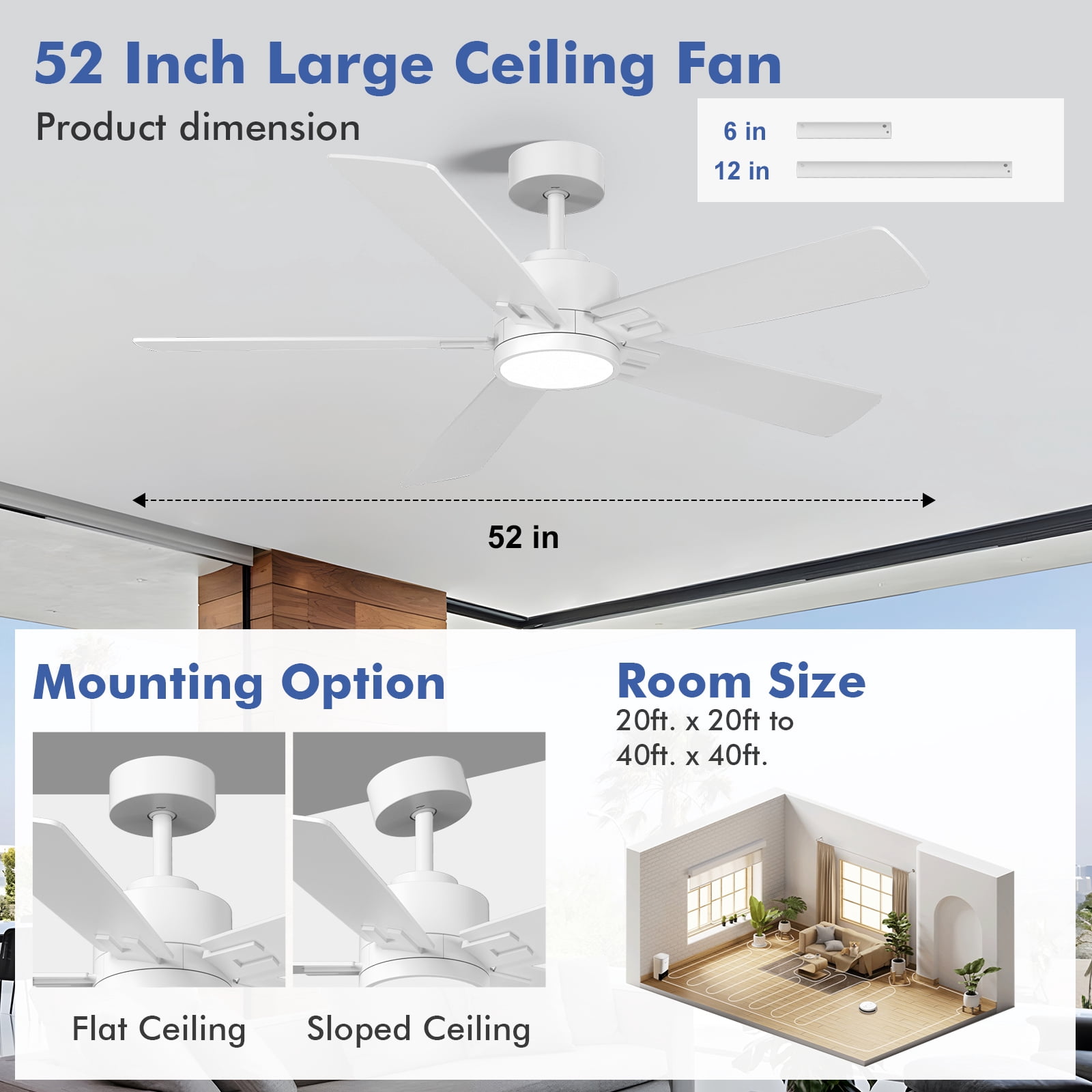 52 inch Ceiling Fans with Lights, 10 Double-sided Blades, Indoor Outdoor Smart Ceiling Fan with Alexa/App/Remote Control, 6 Speed Quiet Reversible DC Motor, 3CCT Dimmable