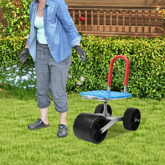 Garden Cart Rolling Work Seat Outdoor Lawn Yard Patio Wagon Scooter for Planting, Adjustable 360 Degree Swivel Seat, Black