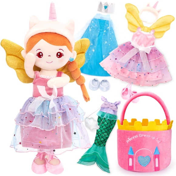 hahaland Dress Up Doll Playsets - Princess Mermaid Unicorns Toys for Girls Age 4-6, Plush Doll with 3 Outfits and Carry Bag, Fairy Ballerin