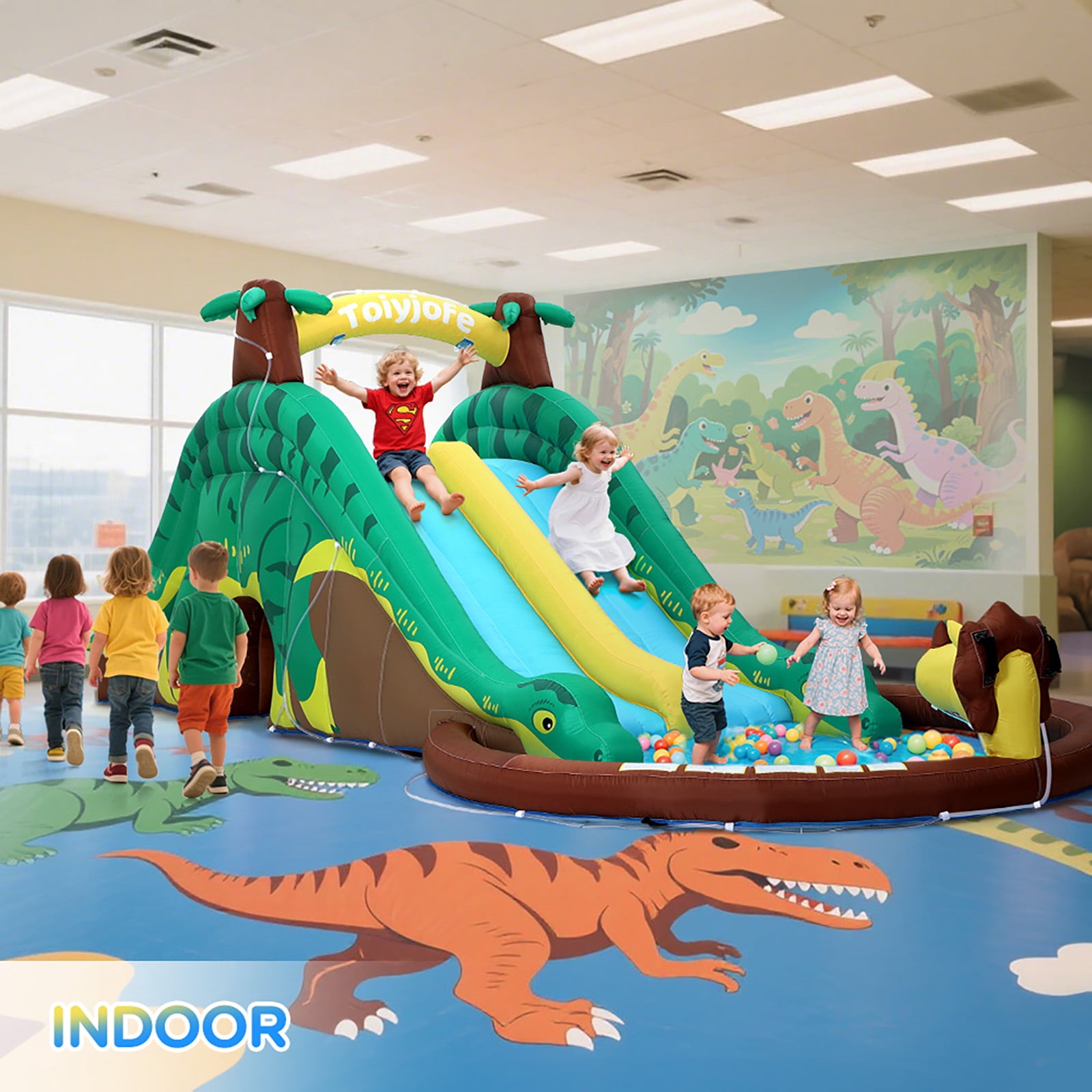 Toiyjofe Dinosaur Inflatable Water Slide Bounce House with GFCI Blower, Outdoor Backyard Water Park for Kids Ages 3-10, Dual Slides and Splash Pool