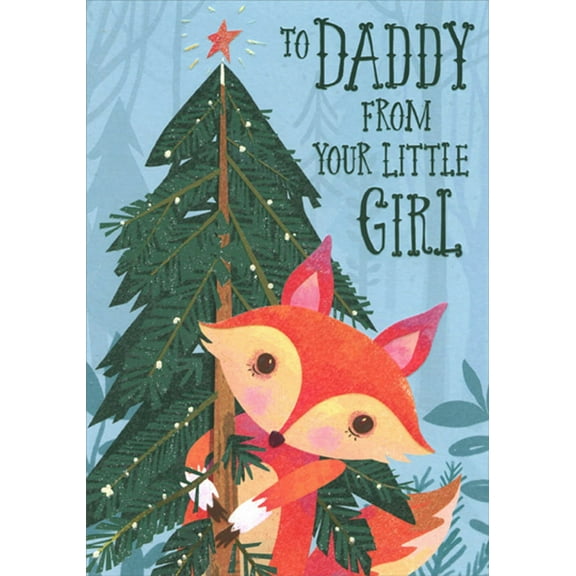 Designer Greetings Cute Fox Holding Up Evergreen Tree on Blue Juvenile Daddy Christmas Card from Young Daughter