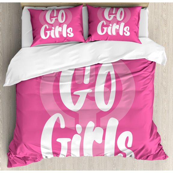 Girl Slogan Duvet Cover Set King Size, Go Girls Hand Drawn Typography Poster Type Fun and Feminine, 3 Piece Bedding Set with 2 Pillow Shams, Pastel Pink Pink and White, by Ambesonne