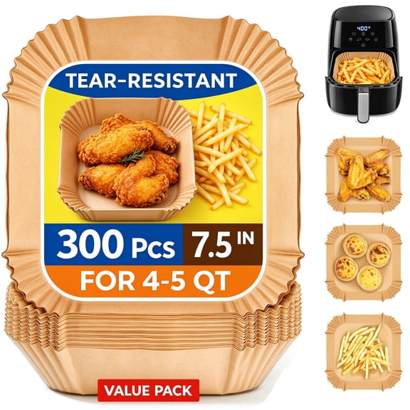Eplumivor 300 Pcs Square Air Fryer Liners Disposable, 7.5 inch Natural Wood Pulp Parchment Baking Paper for Fried Chicken Fries Wings Veggies, 4-5 QT Basket