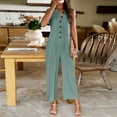 thumbnail image 4 of Xmarks Womens Summer Button Solid Color Tank Jumpsuit Casual Sleeveless V Neck Rompers Loose Wide Leg Long Pants with Pockets Green L, 4 of 8