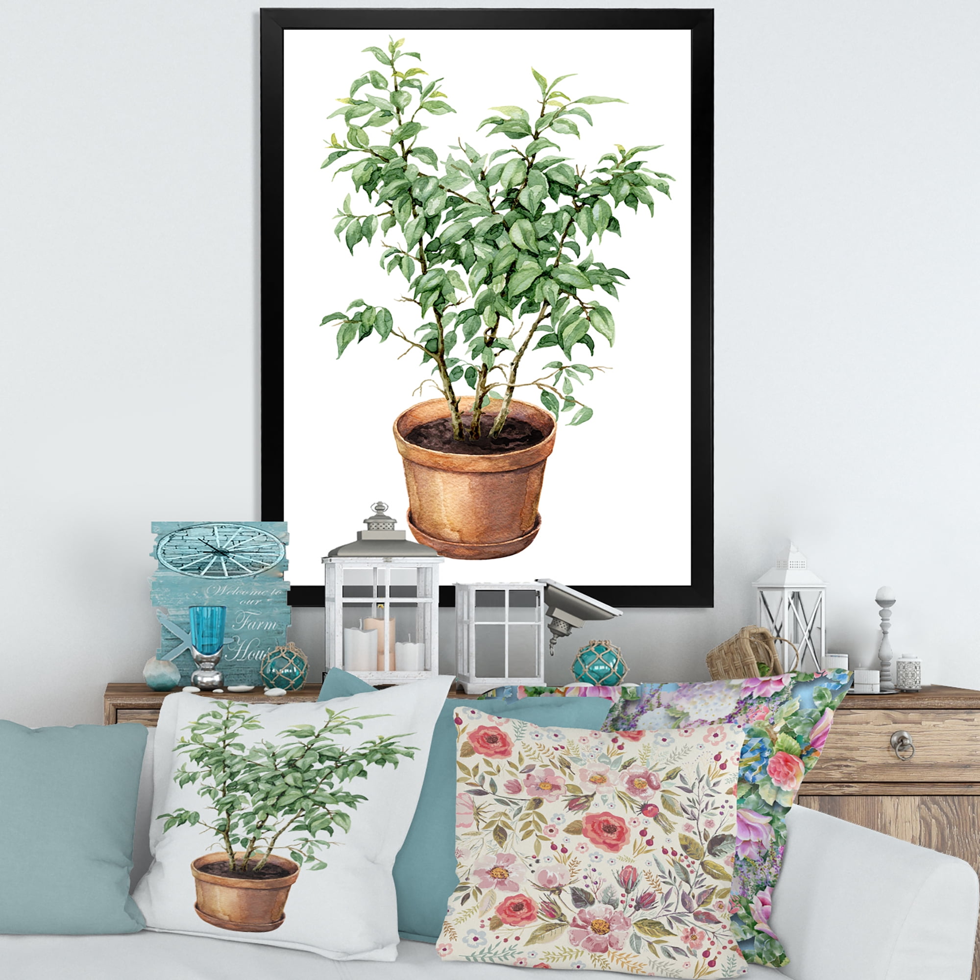 Designart 'Ficus Benjamina Plant In Clay Flowerpot' Traditional Framed Art Print