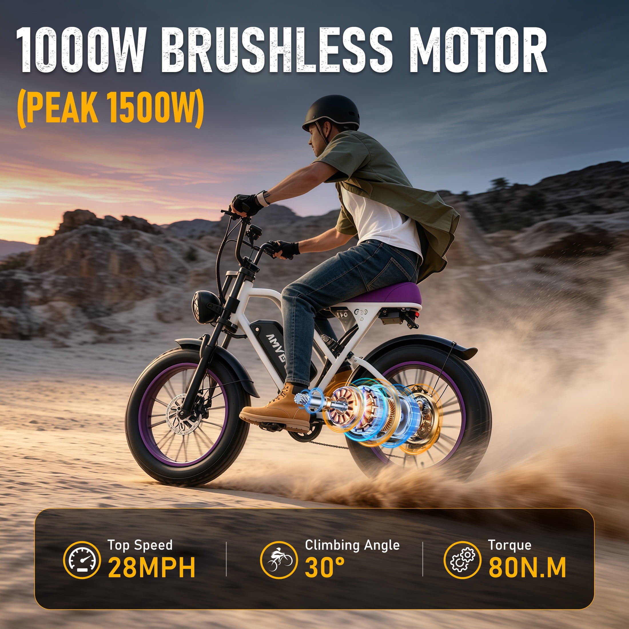 AMYET G60 Electric Bike for Adults, 1000W Peak 1500W, 48V 20Ah, 20"x4" Fat Tire E Mountain Bike, UL2849