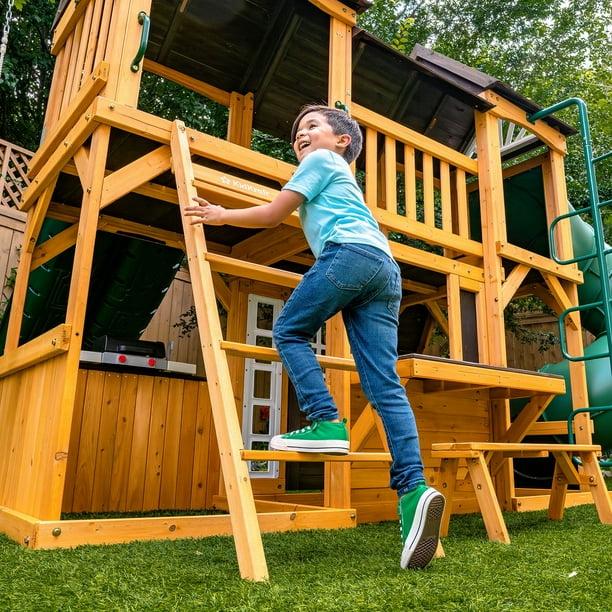 KidKraft Adventure Bend Wooden Swing Set with Three Slides