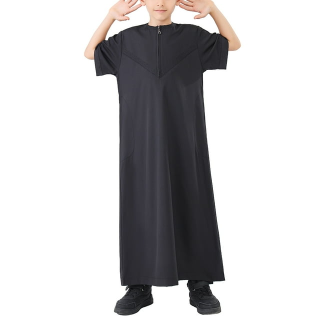 Lovzfmll Robe Légère Musulmane Thobe pour Garçons, Style Arabe, Manches Courtes, Fermeture Éclair devant avec Poche pour Petits Garçons, 3TG