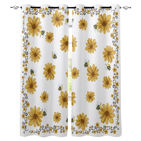 Yellow Summer Floral Blackout Curtains Light Blocking Print Window Curtains, Pastoral Daisy Botanical Cute Thermal Insulated Window Drapes for Living Room Kitchen Cafe (2 Panels, 55"W x 39"L)