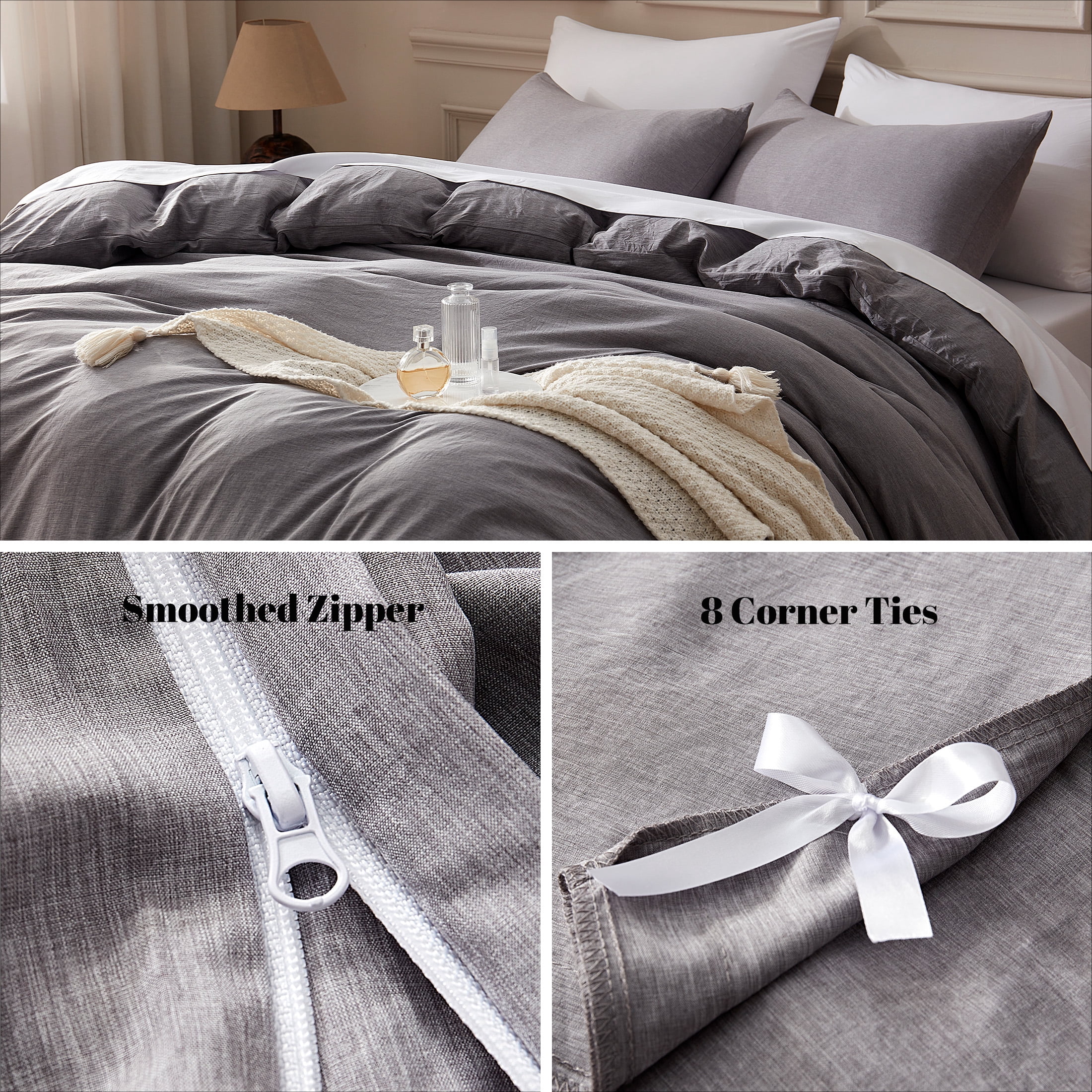 Sonive Washed Duvet Cover Set Queen, Linen-Like 3 Pieces Soft Breathable Bedding set, Dark Grey