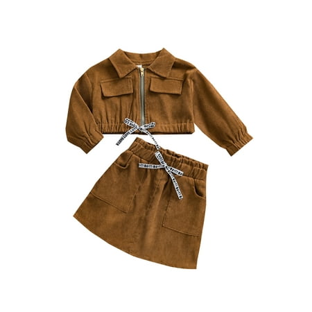 

Infant Baby Girl Corduroy Short Skirt Set Long Sleeve Lapel Zipper Collar Cropped Tops Elastic Waist Skirt Fall Clothes