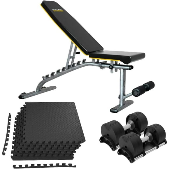 HAJEX Fitness Set – 80 LB Adjustable Dumbbell (Pair) - 5lbs weight increments , Workout Bench, & EVA Foam Mats (32 Sq. ft with 8 Pcs)