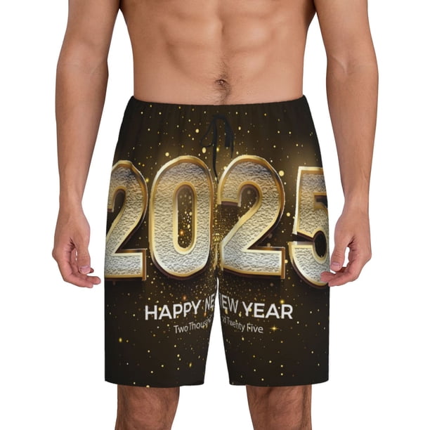 Fotbe Happy New Year 2025 E Pantalones Cortos de Pijama para Hombre, Ropa de Dormir, Pantalones de Pijama Cortos para Hombre-XX-Large