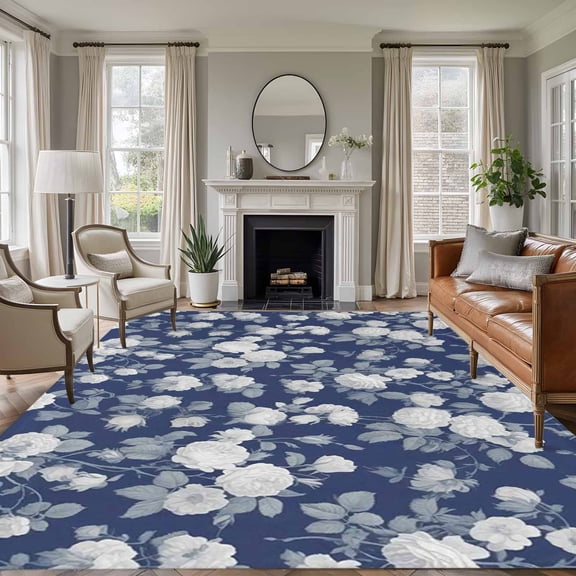 Spring White Floral Area Rugs 5'x7', Washable Small Throw Rugs for Laundry Room Playroom, Navy Blue Farmhouse Vintage Flowers Indoor Outdoor Rug Non-Slip Low Pile Carpet Runner Reversible Floor Mats