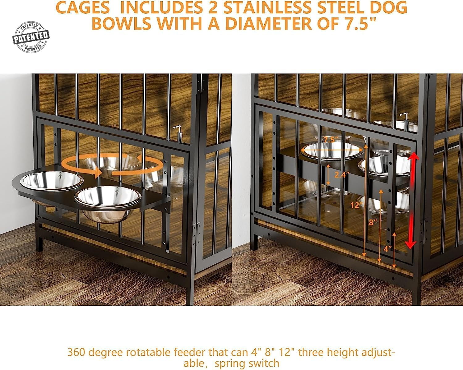 Wooden Dog Crate Furniture for Large Dogs, 41" Super Sturdy Indoor Dog Kennel with Adjustable Feeder & Extra Storage, Heavy Steel Tube Structure for Large Dogs