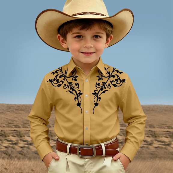 SOFTCCLO Boys Shirts Long Sleeve Lapel Collar Button Down Tops Retro Western Cowboy Print Stylish Breathable Casual Kids Shirts Size 10-11Y