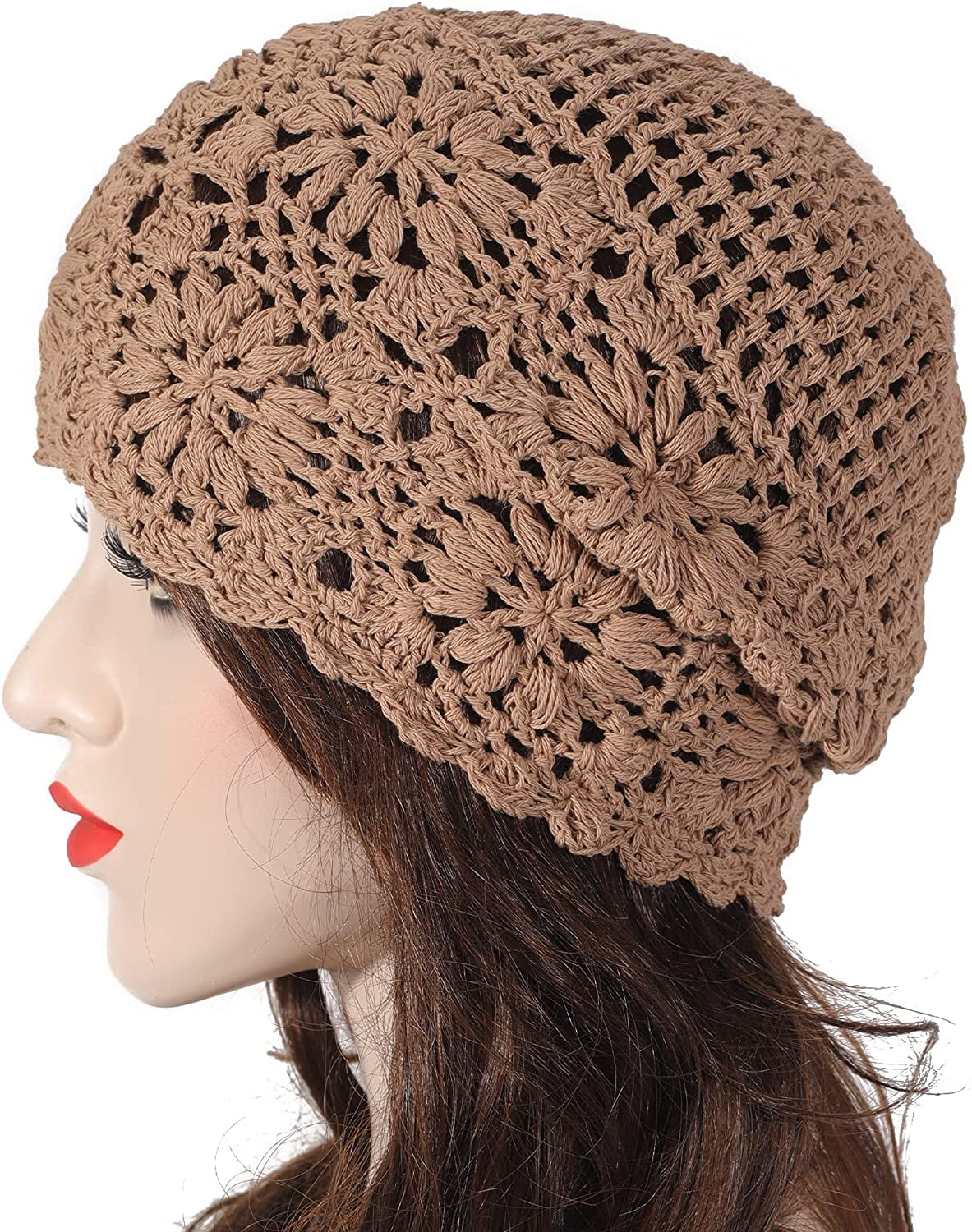 ZXM Women Cotton Crochet Slouchy Beanie Hat Handmade Knit Cutout
