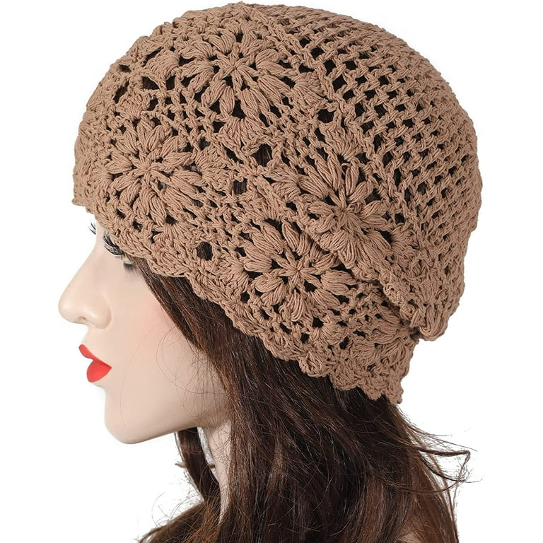 ZXM Women Cotton Crochet Slouchy Beanie Hat Handmade Knit Cutout