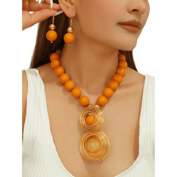 Acrylic Lucky Bead Pendant Necklace and Earring Set Fashion Costume Accessories for Women Colorful Resin Bib Necklace and Earrings for Weddings Parties Everyday Wear