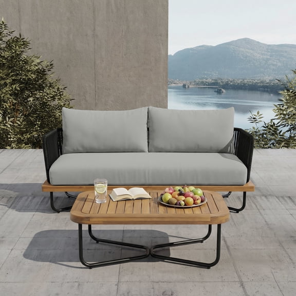 Christopher Knight Home Coastal Outdoor Loveseat and Table Set, Black Rope Woven, Light Gray Cushion