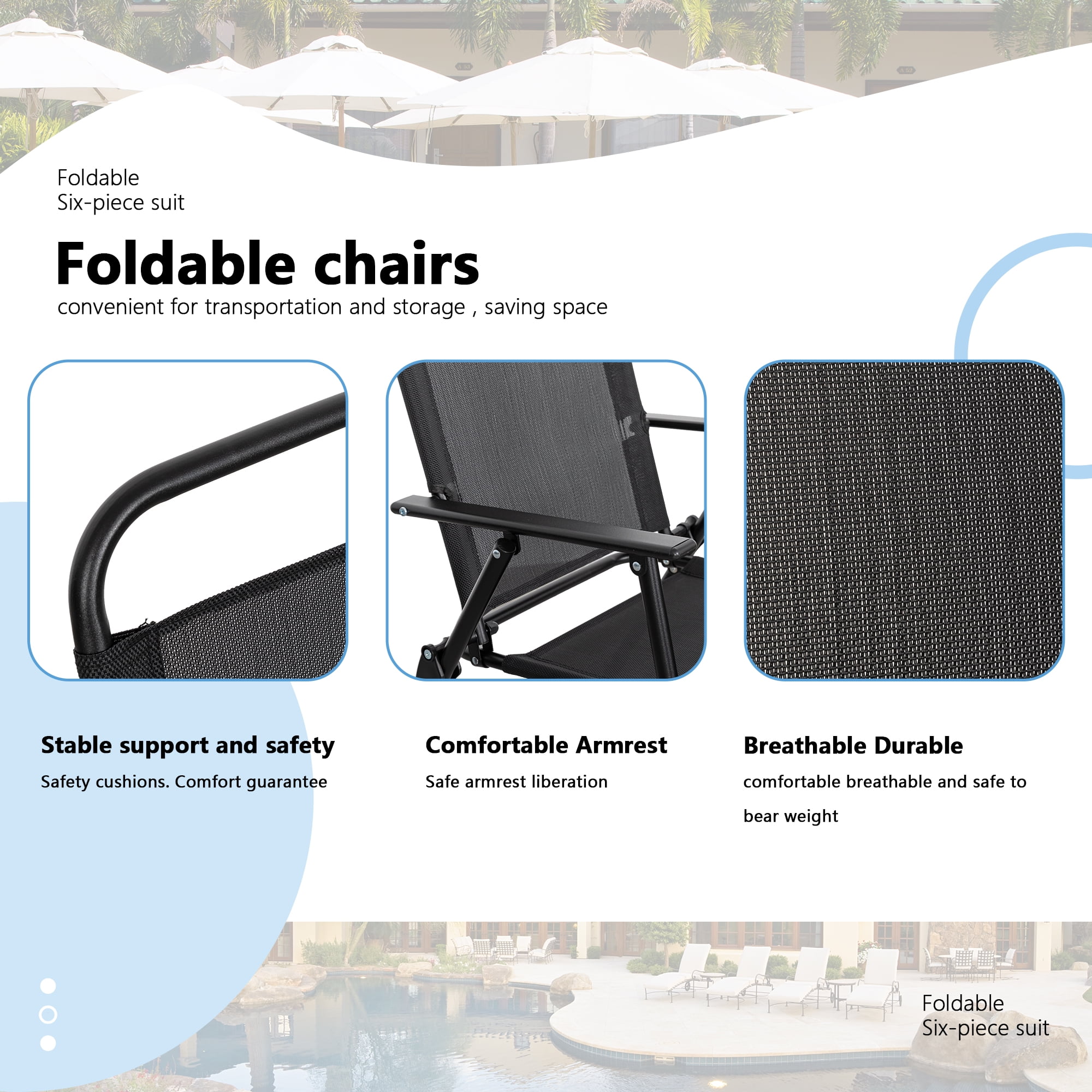 Sobaniilo 6 Piece Folding Outdoor Dining Set with Tilt Umbrella, Metal Patio Garden Patio Furniture Table and Folding Chair Set, Black
