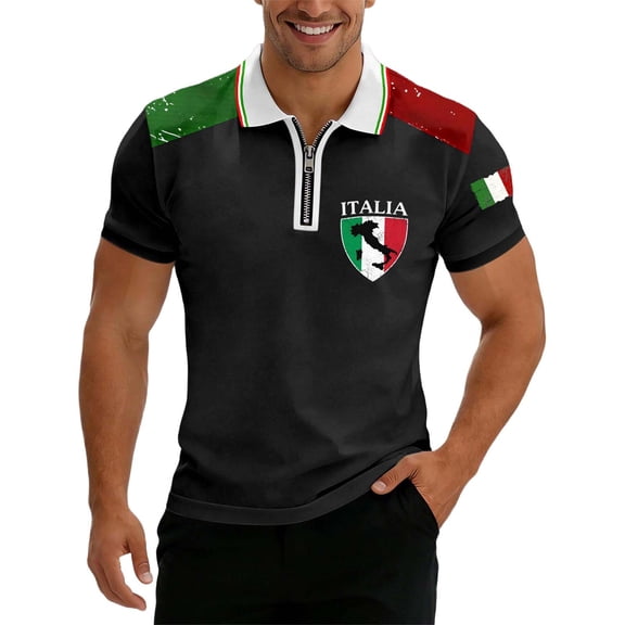 Men Polo Shirts Men's Short Sleeve Zip Polo Shirt Italian Flag Print Modern Top Patriotic Design Breathable Knit Fabric Lightweight Casual Black L