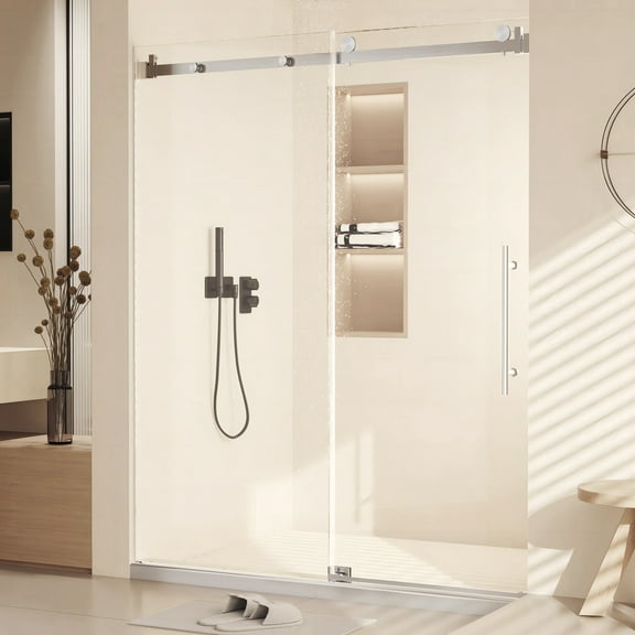 Yiwa Frameless Shower Doors 60" W x 76" H with Premium 10mm Thick Tempered Glass, Stainless Steel Handle & Seal Strip Parts(Brushed Nickel, Square Tube)
