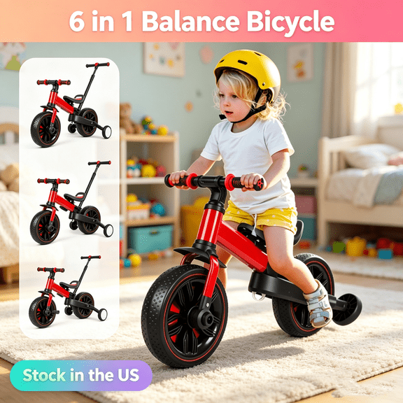 Fompes 6 in 1 Toddler Balance Bike with Push Handle,Multi-functional Balance Bicycle for Kids with Adjustable Saddle,Folding Push Bike with Training Wheels & Pedals,Brakes & Kickstand (Red)