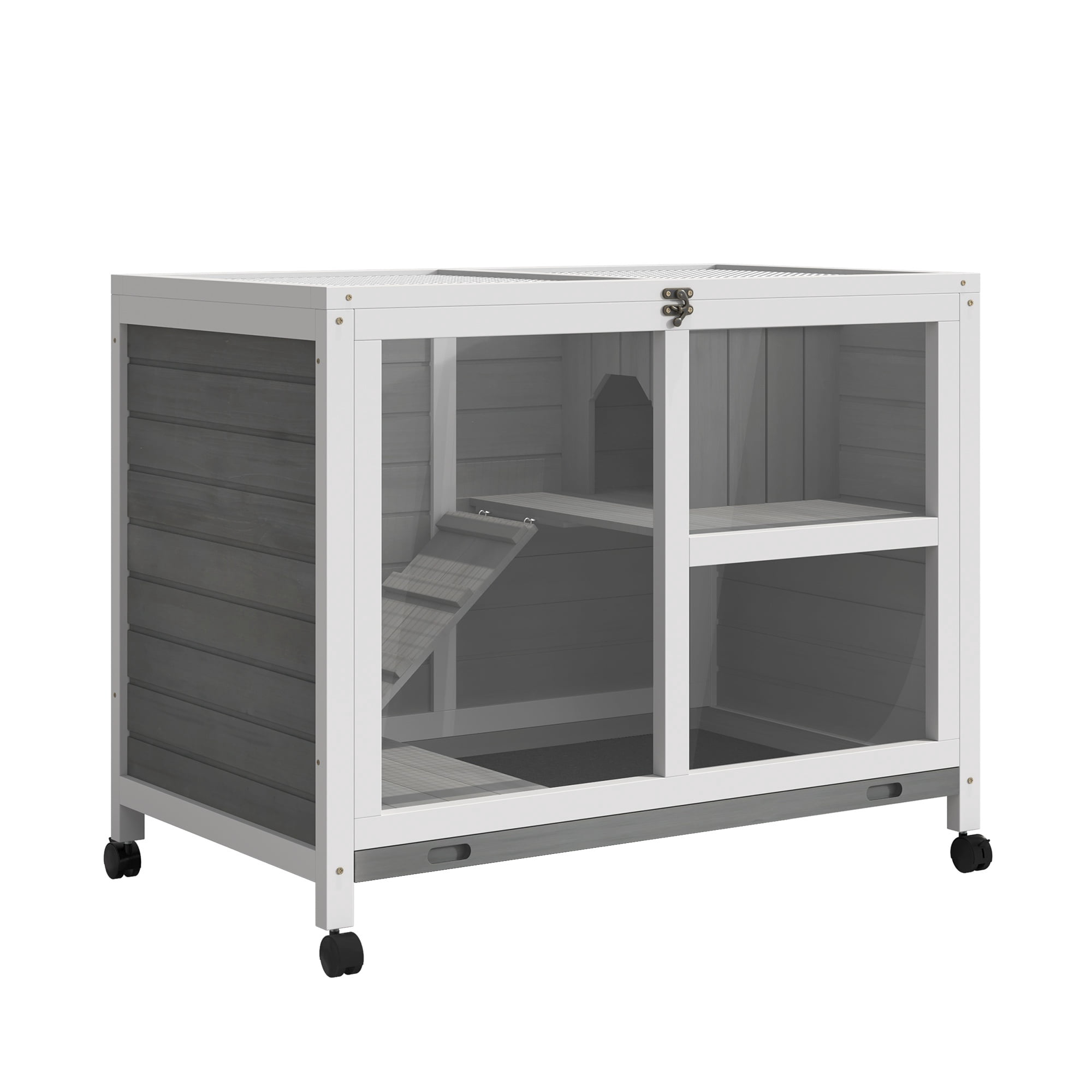 Wooden Rabbit Cage with Wheels for Indoor Use, Waterproof Small Pet House with Plexiglass Window, Fit for Desk Side Table, Gray, 36x21x28.8 Inches