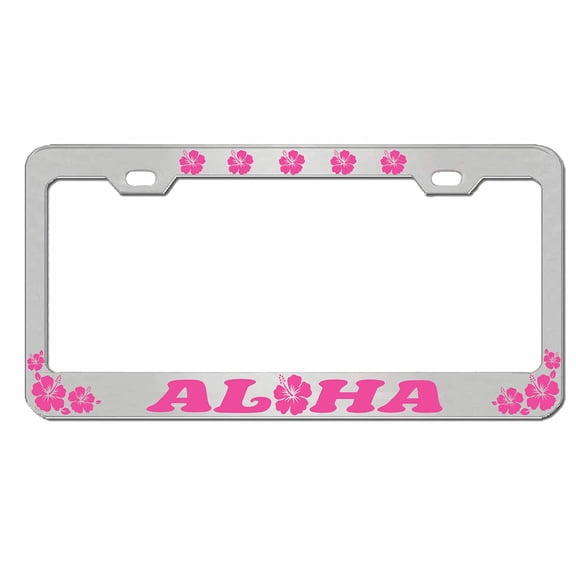 Aloha Hawaii Hibiscus Floral Flowers Style Metal License Plate Frame Personalized/Car Accessories Car Tag Holder Cover (Chrome/Dark Pink)