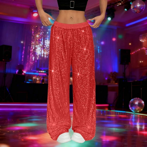 Antqov Casual Pants for Women, Elastic Waist Solid Color Sequined Straight Leg Wide Leg Pants, Party Fashion Casual Baggy Comfortable Trousers