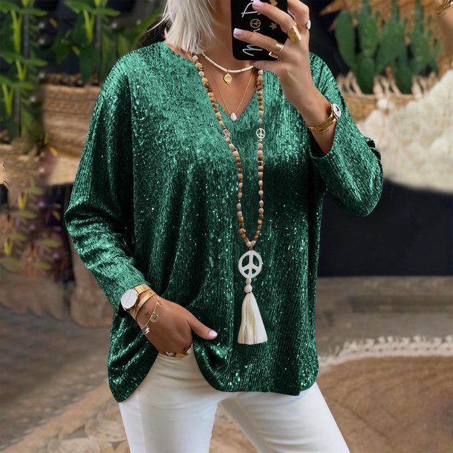 AUNVITO Women's Sparkly V-Neck Long Sleeve Blouse Loose Fit Plus Size Casual Glamorous Style