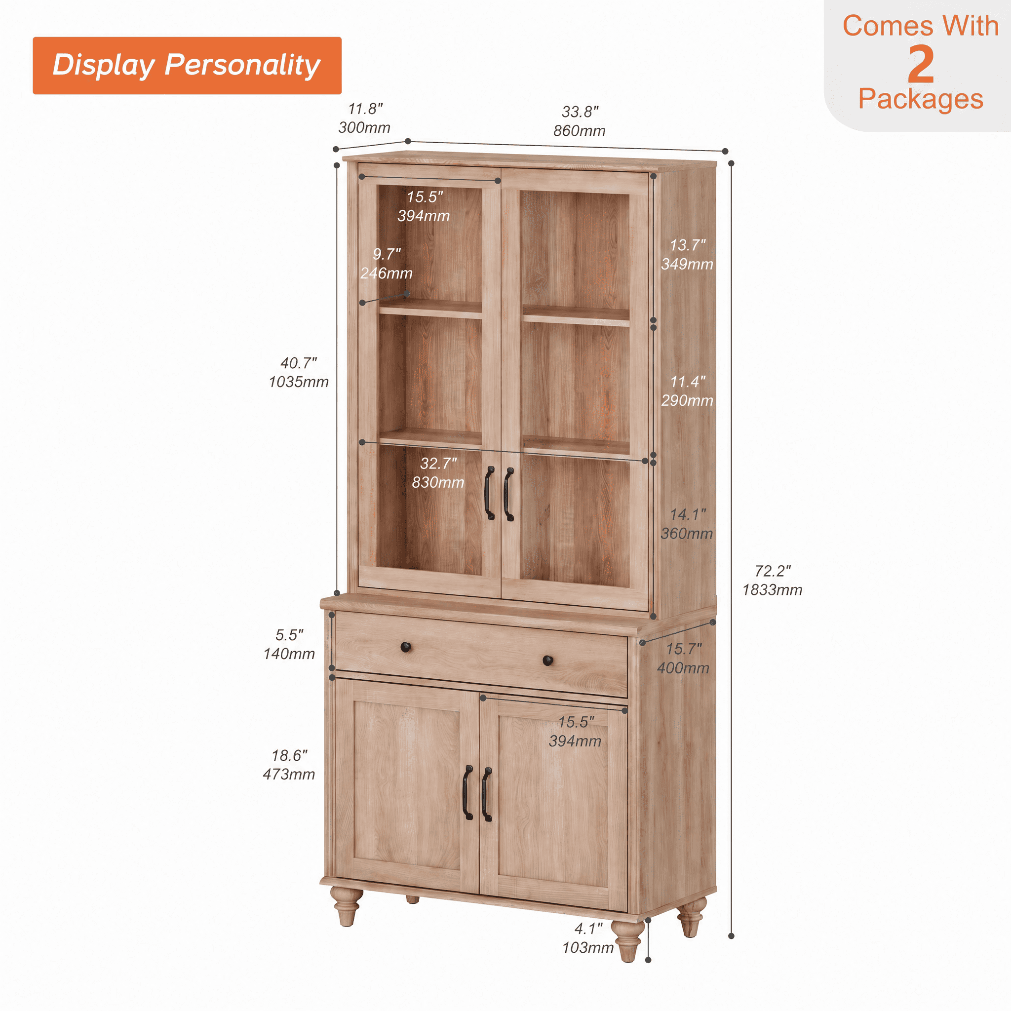 Kitchen Sideboard Buffet Cabinet with Storage, 5-Tier Bookcase with Glass Doors, Bookshelf with Ample Storage Cabinet, Library Wooden Bookshelves for Living Room, Office, Oak, 72" H