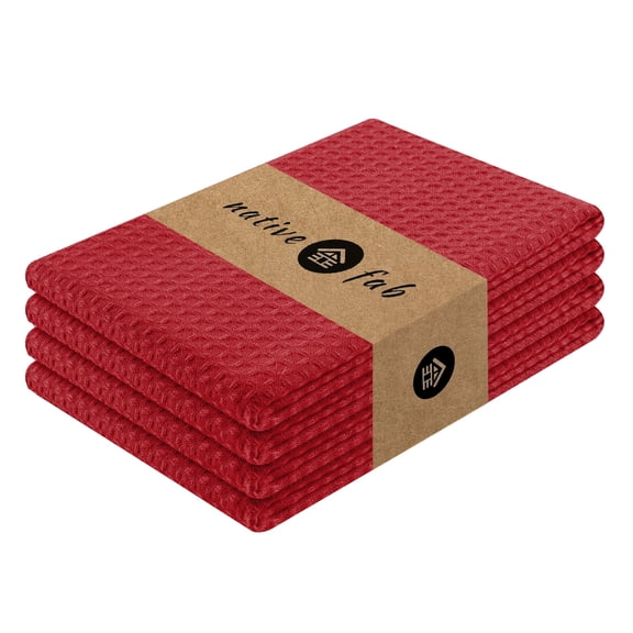 Native Fab 4 Pack Waffle Kitchen Towels 16x26 - Absorbent Tea Towels Dishcloths for Cleaning - Red