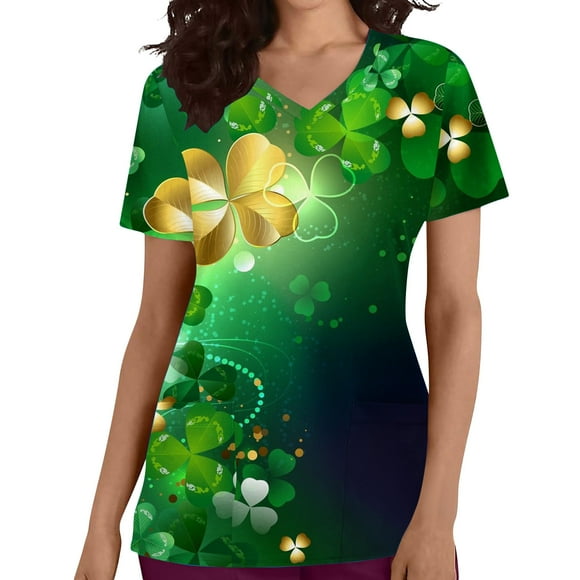 QIPOPIQ Women's Short Sleeve V-Neck Shirts St. Patrick's Day T Shirts V-Neck Pockets Shamrock T Shirt Green Shirt Tops St Patricks Day Shirts Causal Tee Tunic Holiday Shirts Graphic Tees Deals