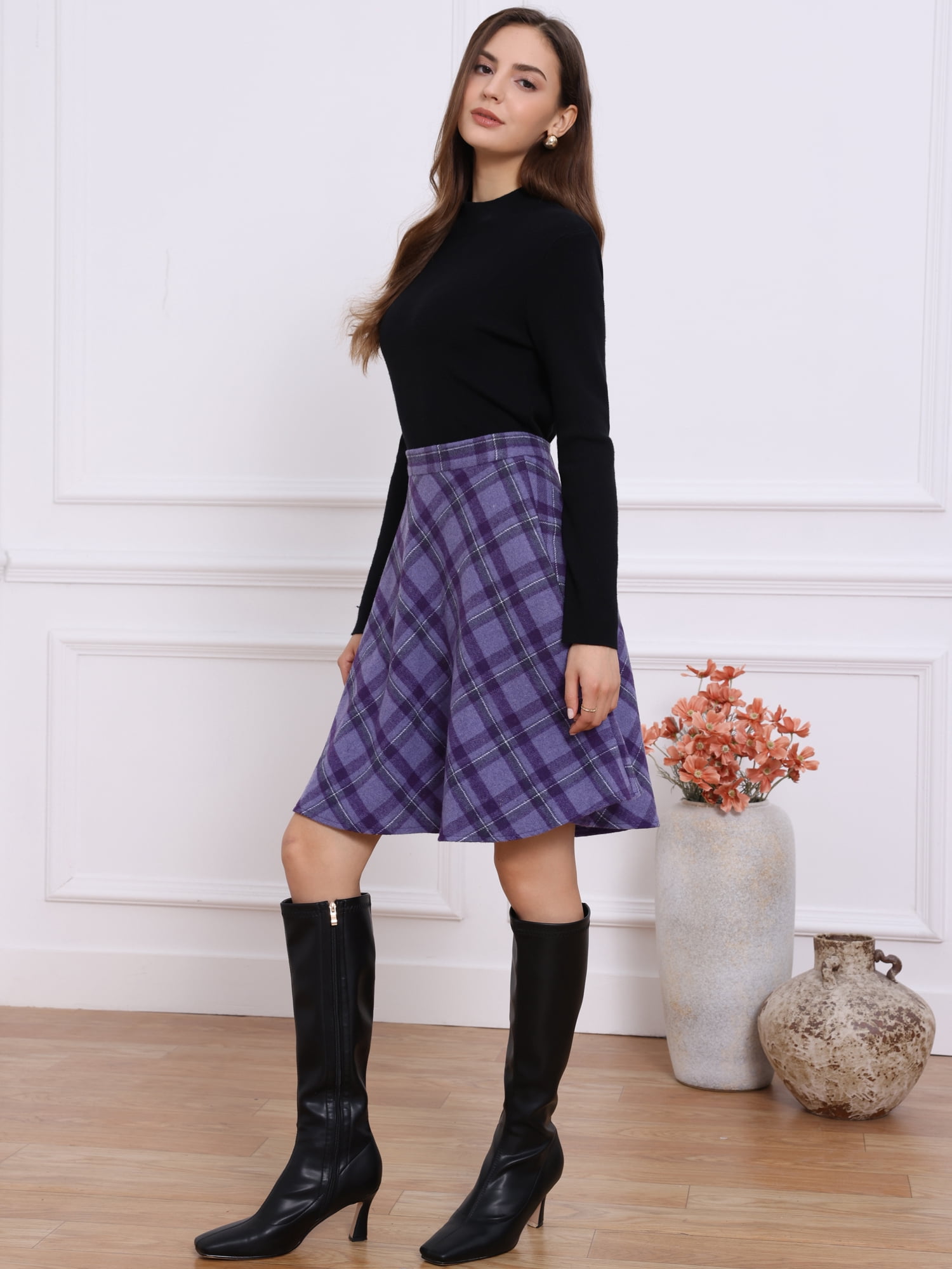 DARING DIVA Women's Plaid Tartan Elastic Waist Knee Length A-Line Skirt XS Dark Purple