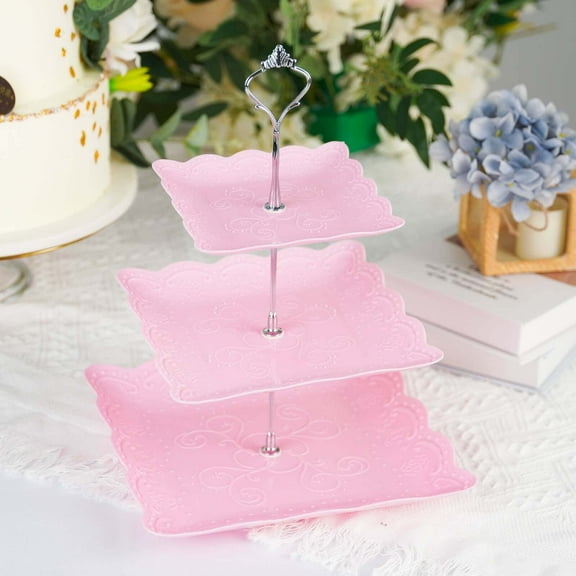 Efavormart 13" | 3 Tier Floral Print Cupcake Stand, Pink Square Dessert Tray Display Holder with Wavy Edges - Plastic