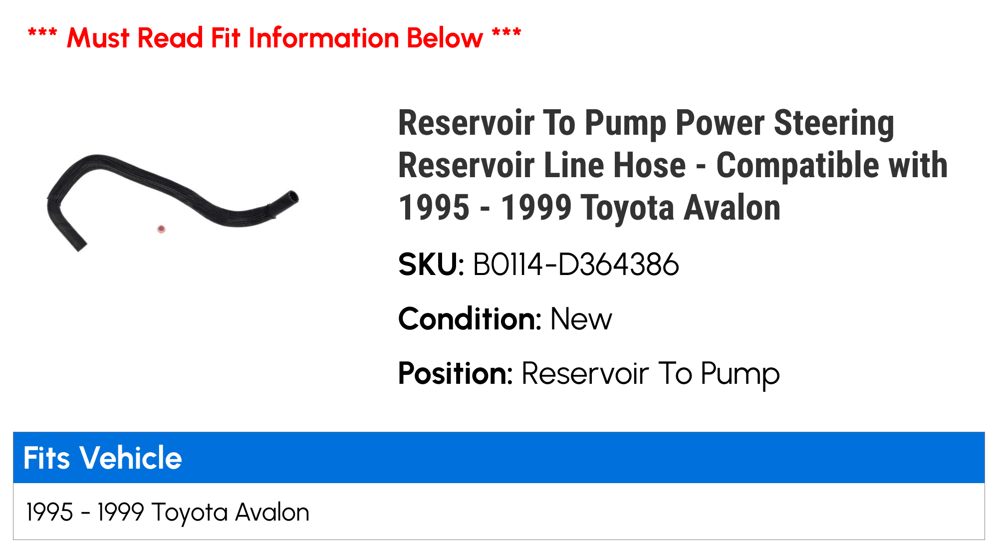 Reservoir To Pump Power Steering Reservoir Line Hose - Compatible with 1995 - 1999 Toyota Avalon 1996 1997 1998