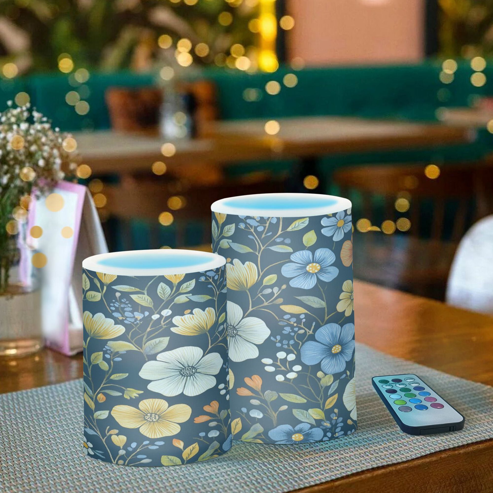 Yayeee Flameless Candles with Remote Flickering Battery Operated Multi Color Changing, Navy Floral Pattern